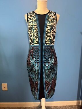 Etcetera Black, Teal & Cream Sleeveless Patterned Midi Dress, Size 6